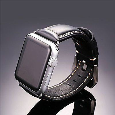 Genuine Leather Apple Watch Strap 42mm iWatch Band Black Stainless Steel Buckle