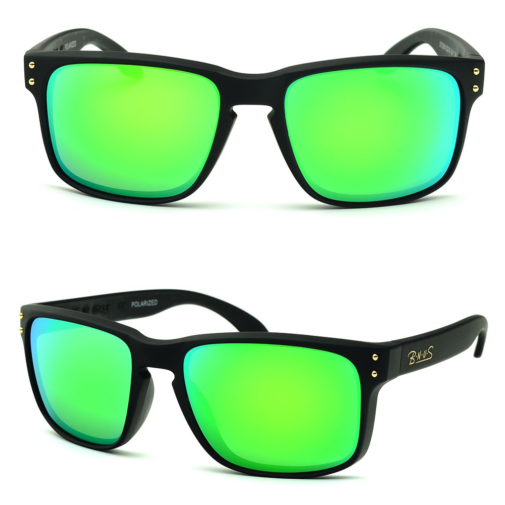 BNUS Italy made Classic Sunglasses Corning Real Glass Lens w. Polarized  Option Frame: Matte Black / Lens: Green Flash