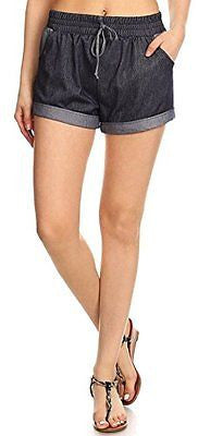 Women's Vintage Two Tone Stretchy Drawstring Denim Jean Shorts, Navy, L