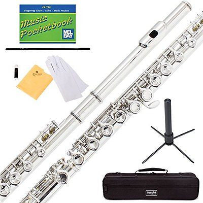 Mendini Nickel Silver Closed Hole C Flute with Stand 1 Year Warranty Case Cleaning Rod Cloth Joint Grease and Gloves - MFE-N+SD+PB