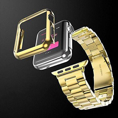 Apple Watch Band, HuanlongTM Solid Stainless Steel Metal Strap Band(H Gold 42mm)