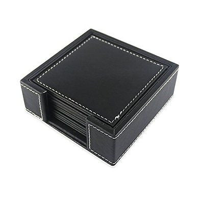 PINMEI Black Leather Drink Coasters with Holder Set of 6, Square, 10x10CM3.94in