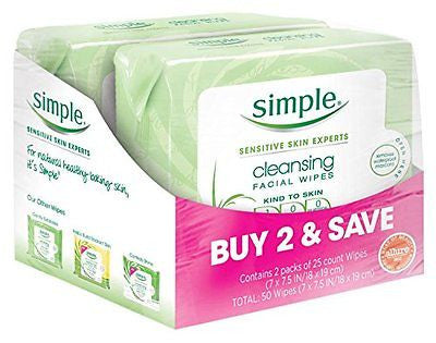 Simple Cleansing Facial Wipes, Kind to Skin 25 Count, Twin Pack - Fast Shipping