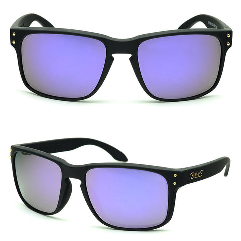 BNUS Italy made Classic Sunglasses Corning Real Glass Lens w. Polarized Option Frame: Matte Black / Lens: Lilac Mirrored Non-Polarized