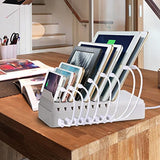 FLECK CS008 8-Port Desktop Universal Charging Station Multi-Device DockOrganizerStand USB Charger Clever Design For Easy Cable Storage For iPhone iPad Smartphone PC Tablets etc (White) White