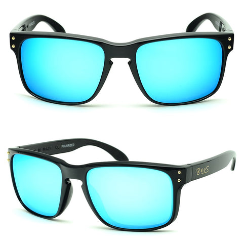 BNUS Italy made Classic Sunglasses Corning Real Glass Lens w. Polarized Option Frame: Black / Lens: Blue Flash