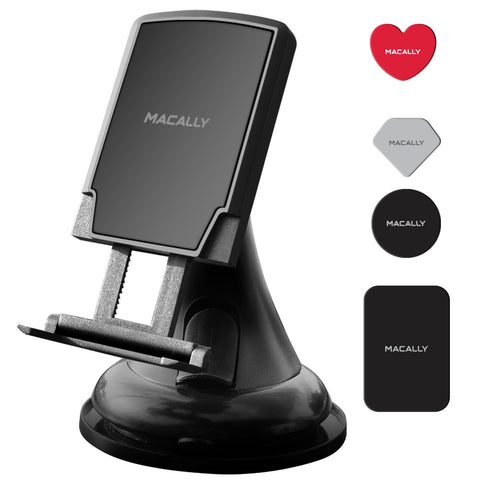 Macally Universal Dashboard / Windshield Magnetic Car Mount Phone Holder for Cell Phones GPS & Mini Tablets | 4 Metal Plates Included Circle Rectangle Heart & Diamond (MGRIPMAG) Dashboard & Windshield