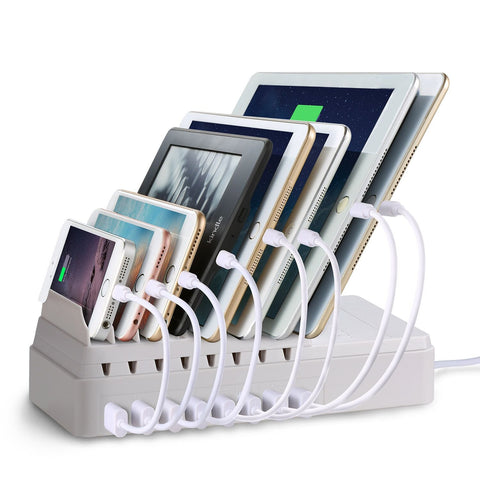FLECK CS008 8-Port Desktop Universal Charging Station Multi-Device DockOrganizerStand USB Charger Clever Design For Easy Cable Storage For iPhone iPad Smartphone PC Tablets etc (White) White